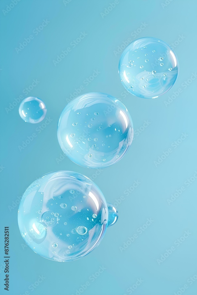 Three light blue transparent bubbles with water molecules inside floating on a solid background. The bubbles have an abstract geometric pattern and filled with clear liquid that reflects Three light blue transparent bubbles with water molecules inside floating on a solid background. The bubbles have an abstract geometric pattern and filled with clear liquid that reflects