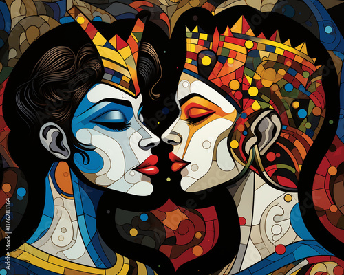 2D thick black outlines, smooth vector image, swirling shapes, very flat, primary colours, two young supermodels kissing each other, one male and one female, both with huge eyes wide open, slim faces, photo