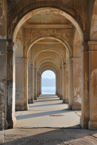 A long, narrow hallway with white pillars and a blue sky in the background. The hallway is empty and the only person visible is a shadow on the wall © inspiretta