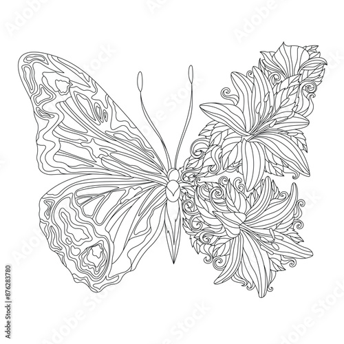 Black and White Illustration Of a Butterfly With Intricate Patterns On Its Left Wing and Floral Designs Integrated Into Its Right Wing. Complex Butterfly Outline Vector Illustration.