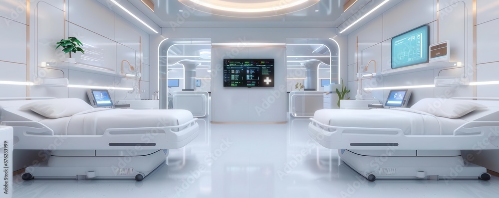 Futuristic health facility with cyber-integrated patient care, futuristic, connected health center Futuristic health facility with cyber-integrated patient care, futuristic, connected health center