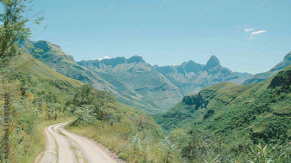 A dirt road through a mountain range with a verdant valley ahead A dirt road through a mountain range with a verdant valley ahead