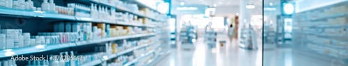 Modern Pharmacy Interior with Blurred Background, Featuring Blue Medicine Shelves and Open Space or Shopping Baskets, AI-Generated Design © Da