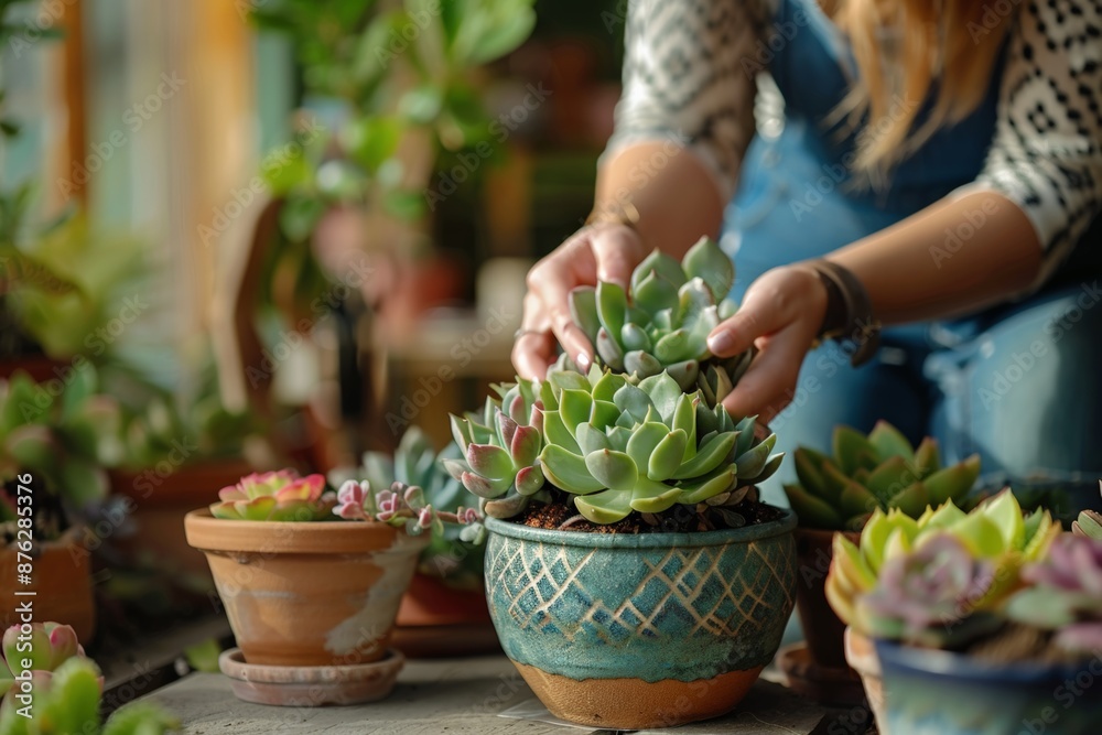 A person arranging succulents in a decorative blue pot, surrounded by various potted plants in a cozy indoor garden. A person arranging succulents in a decorative blue pot, surrounded by various potted plants in a cozy indoor garden.