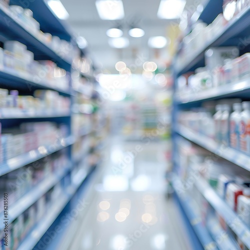 Wallpaper Mural Modern Pharmacy Interior with Blurred Background, Featuring Blue Medicine Shelves and Open Space or Shopping Baskets, AI-Generated Design Torontodigital.ca
