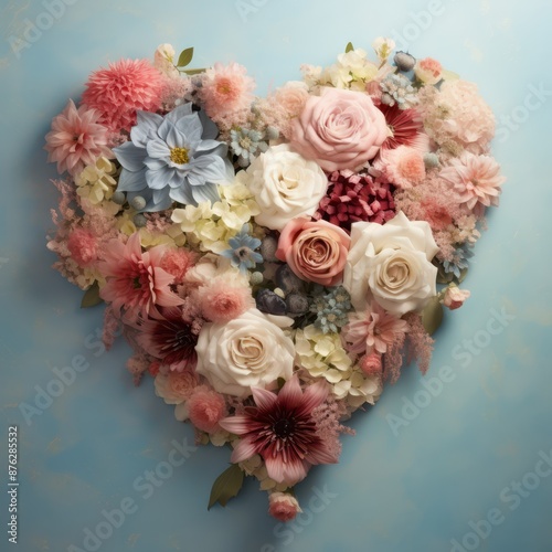 a heart made of flowers on a blue background