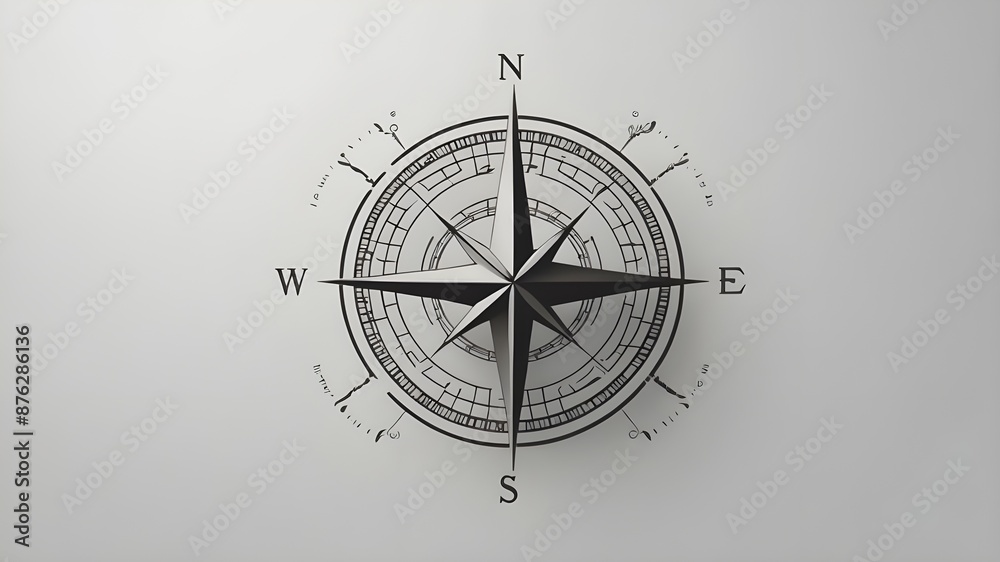 old compass on a wooden surface, styled compass icon in vector art with a white background