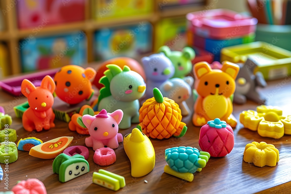 A whimsical collection of novelty erasers shaped like animals and fruits, arranged playfully on a child's study desk A whimsical collection of novelty erasers shaped like animals and fruits, arranged playfully on a child's study desk