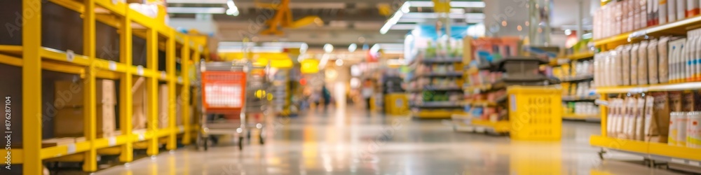 Fototapeta premium Modern Shopping Mall Interior with Blurred Background, Featuring Yellow Shelves and Shopping Carts, Open Space Focus on Discounts, AI-Generated Design