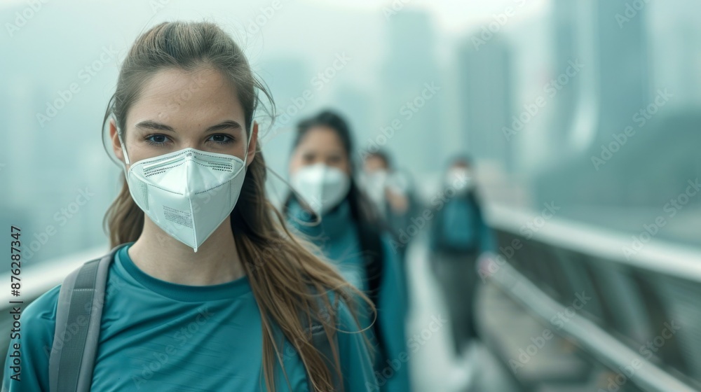 Futuristic City Students Wear Pollution Masks Amid Heavy Smog and Haze in Dystopian Magazine Photography Style