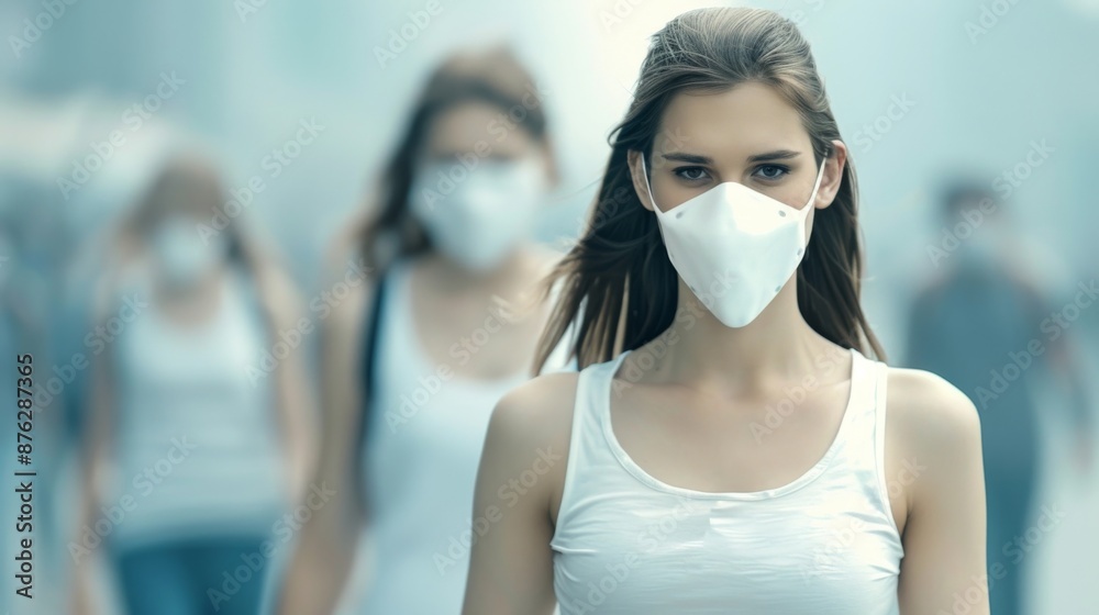 Futuristic Cityscape Shrouded in Hazy Smog with Students Wearing Pollution Masks Futuristic Cityscape Shrouded in Hazy Smog with Students Wearing Pollution Masks