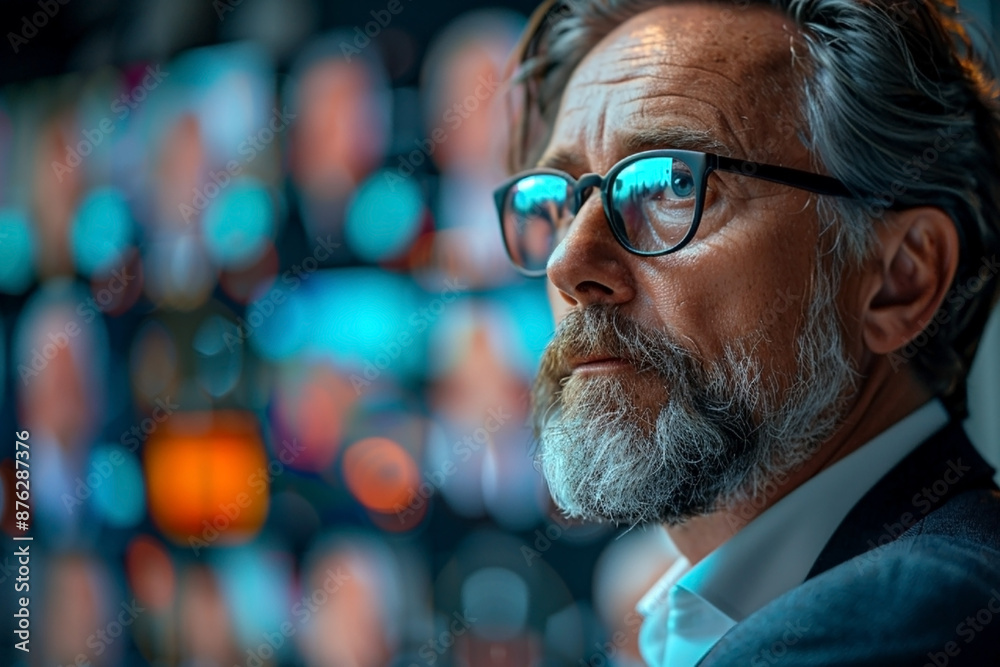 Portrait of a thoughtful mature man with glasses and beard, with blurry colorful lights in the background Portrait of a thoughtful mature man with glasses and beard, with blurry colorful lights in the background