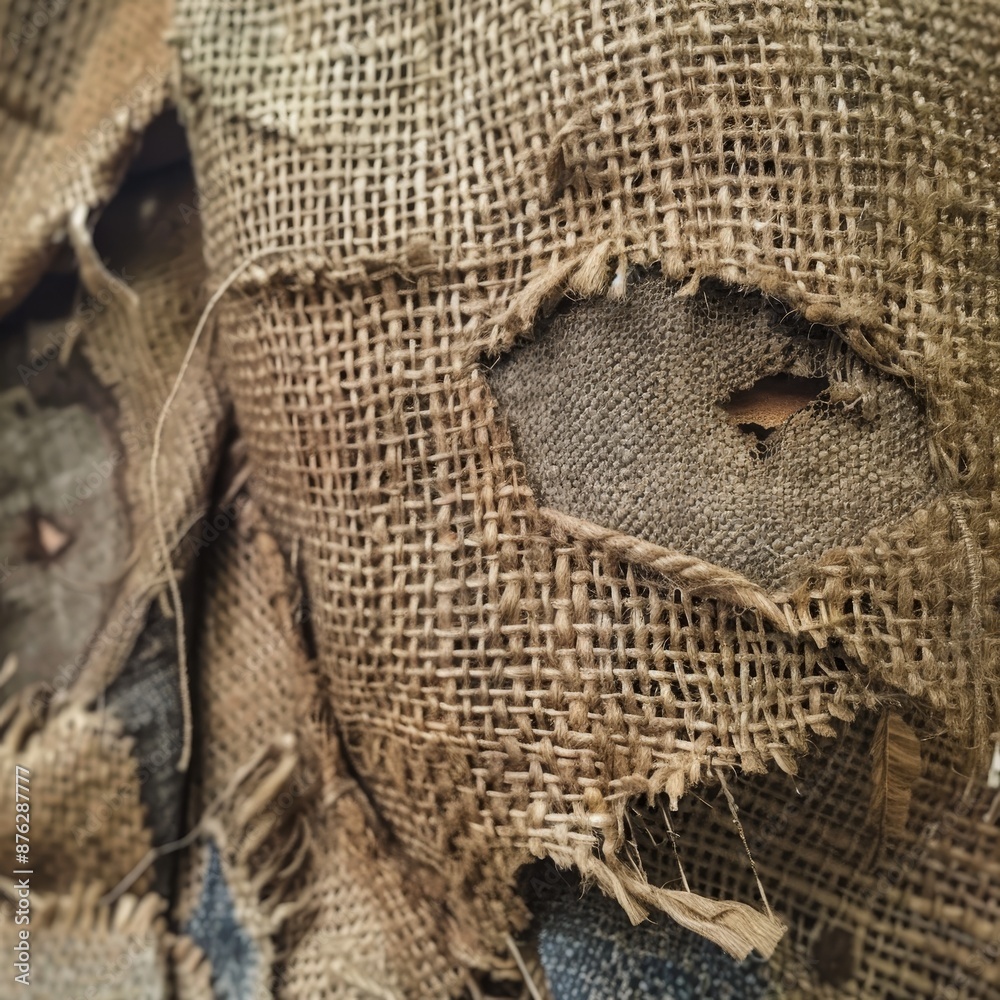 Close-up of a burlap sack with a rough, brown texture, spilling black coffee beans onto a white background Close-up of a burlap sack with a rough, brown texture, spilling black coffee beans onto a white background