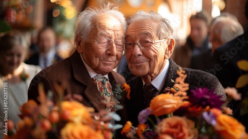 Elderly couple embracing with flowers at wedding