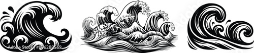 Set of sea waves, ocean wave collection, vector illustration.