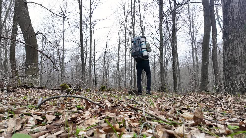 Solo camper hiker walks in the middle of a forest with his camping backpack. Solo camper hiker walks in the middle of a forest with his camping backpack.