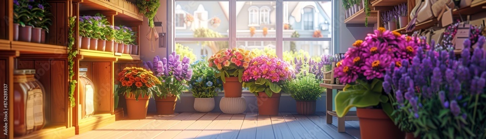 2d anime style, lofi style, single color hue, cozy flower shop filled with zinnias and lavender bundles, cozy vibe 2d anime style, lofi style, single color hue, cozy flower shop filled with zinnias and lavender bundles, cozy vibe