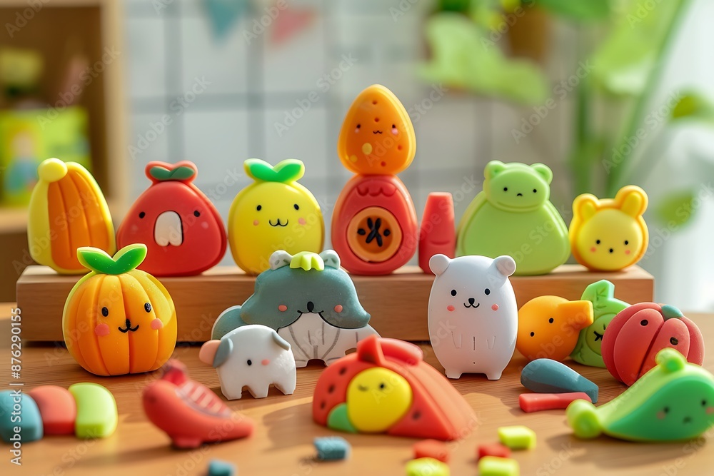 A whimsical collection of novelty erasers shaped like animals and fruits, arranged playfully on a child's study desk A whimsical collection of novelty erasers shaped like animals and fruits, arranged playfully on a child's study desk
