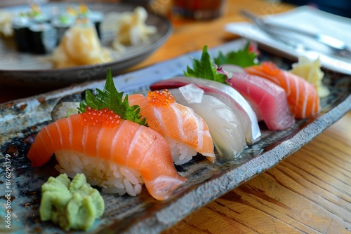 Exquisite Akami Tsuke Sushi with a Cantonese Twist on Rectangular Dish photo