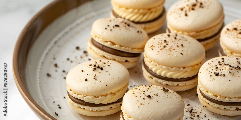 Close-up of vanilla macarons symmetrically arranged on pristine white plate. Close-up of vanilla macarons symmetrically arranged on pristine white plate.