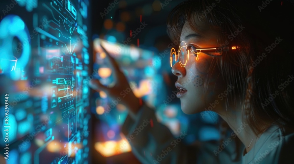 Futuristic Vision: Young Woman Experiencing Advanced Virtual Interface Futuristic Vision: Young Woman Experiencing Advanced Virtual Interface
