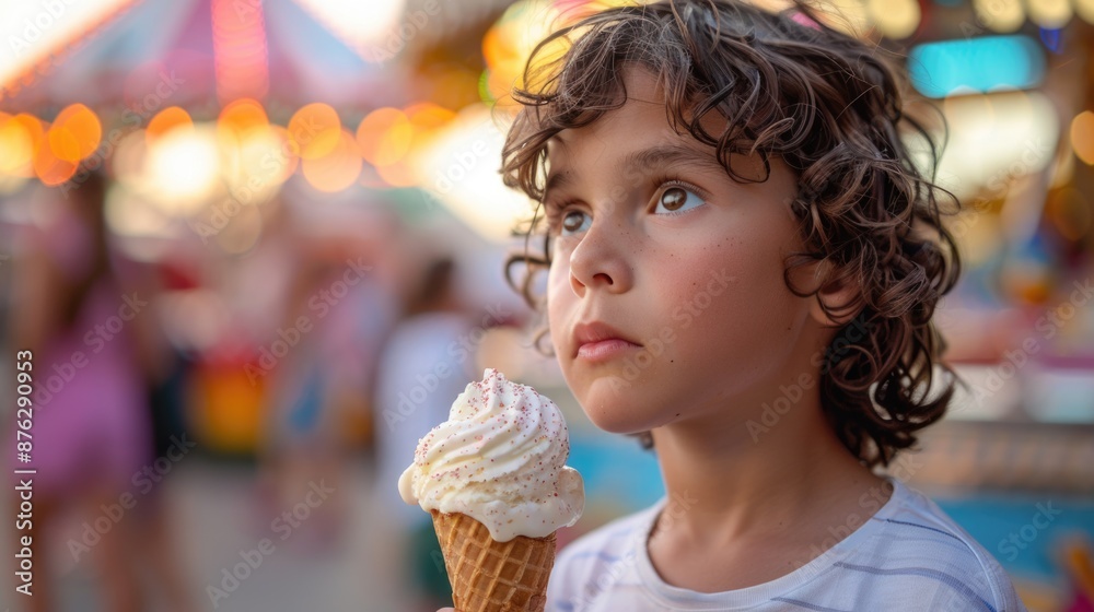 Curly-Haired Child Holding Ice Cream at Summer Fair Curly-Haired Child Holding Ice Cream at Summer Fair
