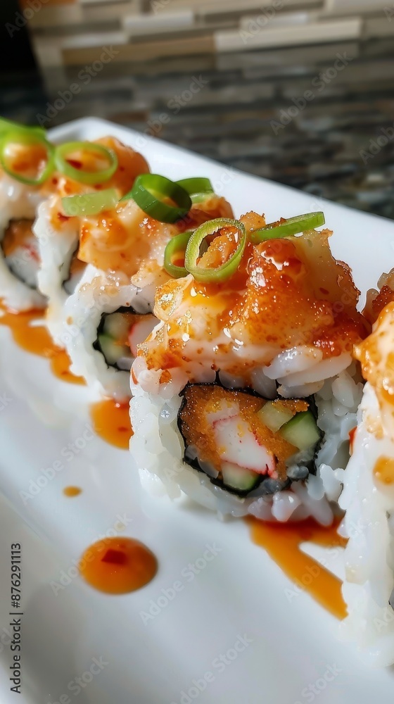 Spicy Aka Ebi Sushi Roll with Yuzu Flavor and Fresh Chili Slices on White Plate Spicy Aka Ebi Sushi Roll with Yuzu Flavor and Fresh Chili Slices on White Plate