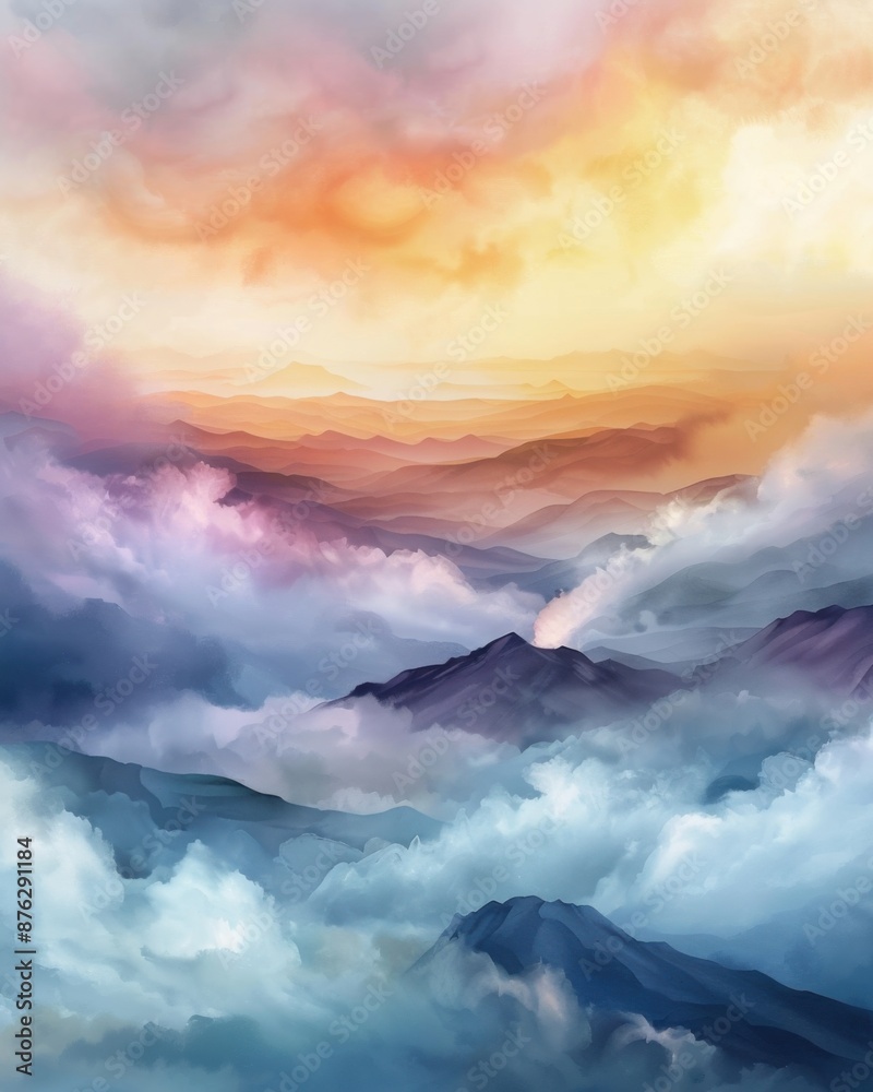 Naklejka premium Watercolor sunrise over volcanic landscape, vibrant, blend mode, smoking crater backdrop