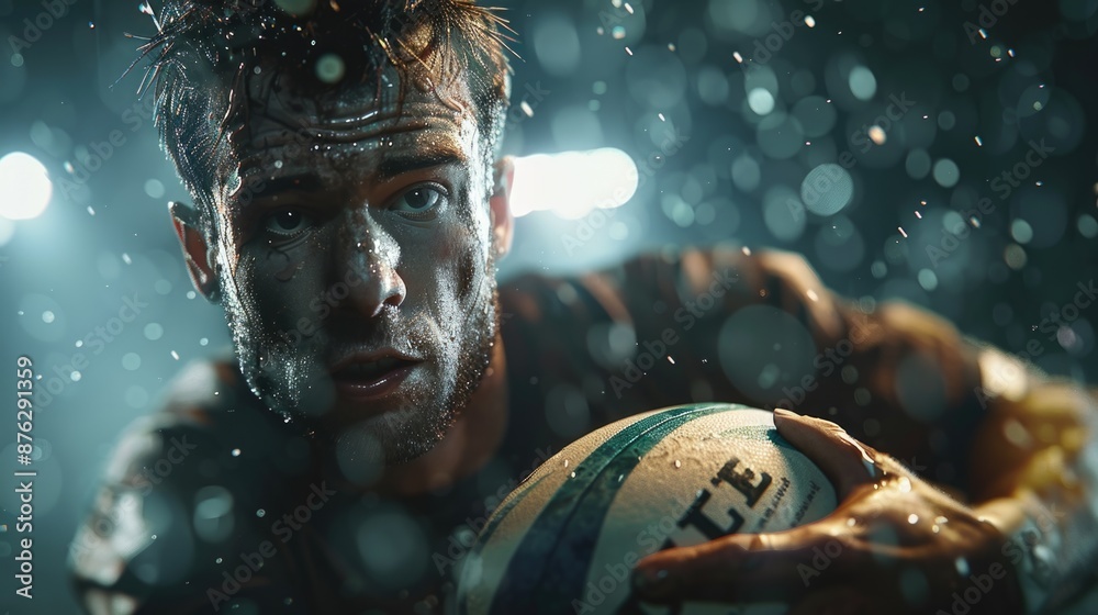 Intense Rugby Player Braving Rain During Night Game