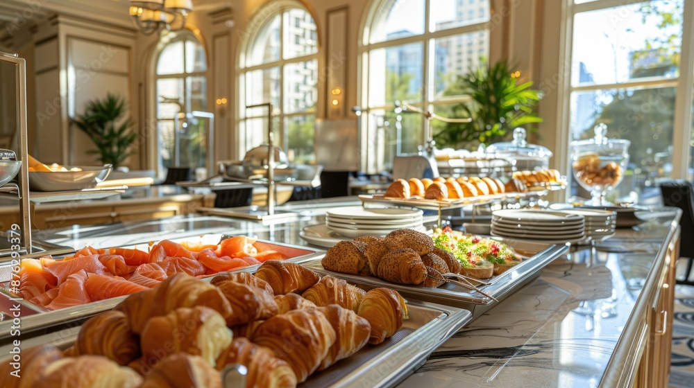 Elaborate Hotel Breakfast Buffet with Flaky Croissants Savory Smoked Salmon and Elegant Marble Decor Elaborate Hotel Breakfast Buffet with Flaky Croissants Savory Smoked Salmon and Elegant Marble Decor
