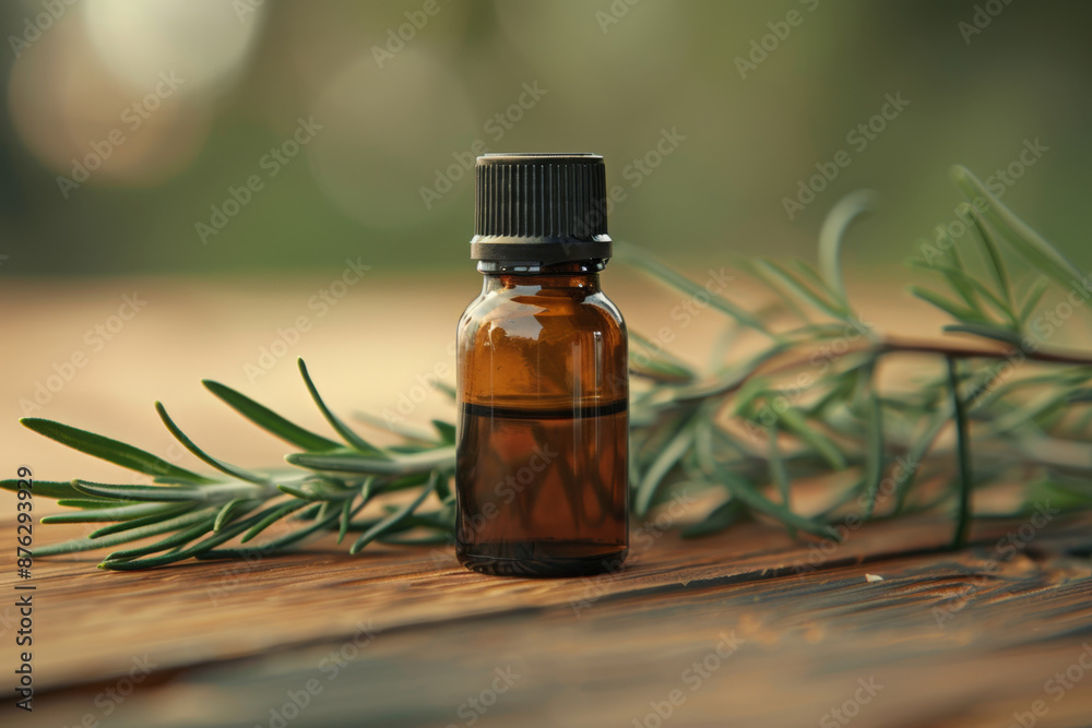 Bottle of rosemary essential oil is sitting on a wooden table with fresh rosemary sprigs surrounding it Bottle of rosemary essential oil is sitting on a wooden table with fresh rosemary sprigs surrounding it