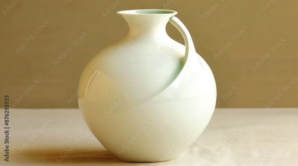 A white vase atop a table next to a brown wall with a light brown background A white vase atop a table next to a brown wall with a light brown background