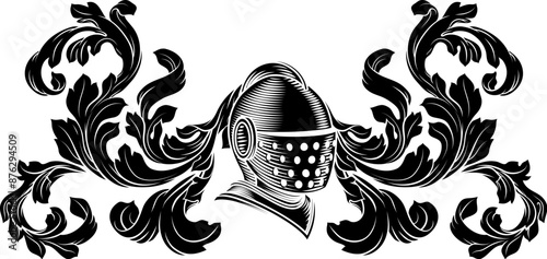 Coat of arms crest knight family medieval shield heraldry heraldic armorial motif. Featuring a knights helm helmet in a vintage etching engraving woodcut style