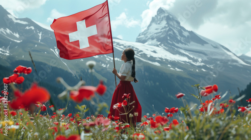 Girl with the flag of Switzerland against the background of beautiful mountains