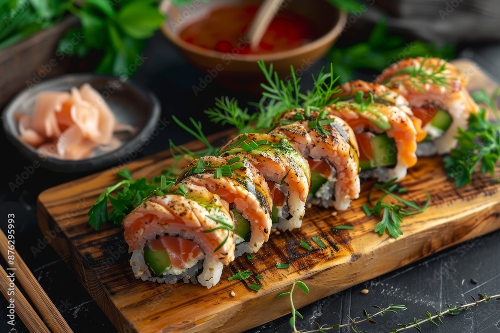 Exquisite Salmon Mentai Avocado Sushi Roll Presentation on Wooden Board with Fresh Herbs and Wasabi Dip