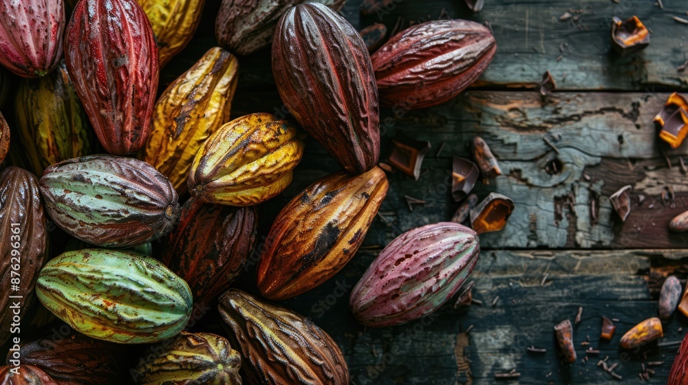 Fototapeta premium Assortment of Mature Cacao Pods with Rich Cocoa Hues and Organic on Distressed Wooden Table