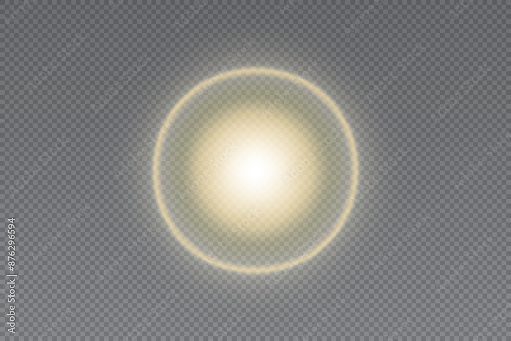 A yellow circle halo or transparent spot light placed on the wall. Front view of a flashlight beam with uneven illumination. Shadow vector illustration