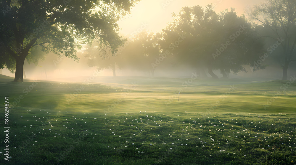 A golf course with a foggy morning A golf course with a foggy morning