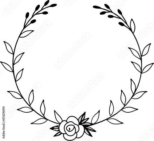 Delicate wreath with a rose and leaves, ideal for elegant invitations and decorative projects.