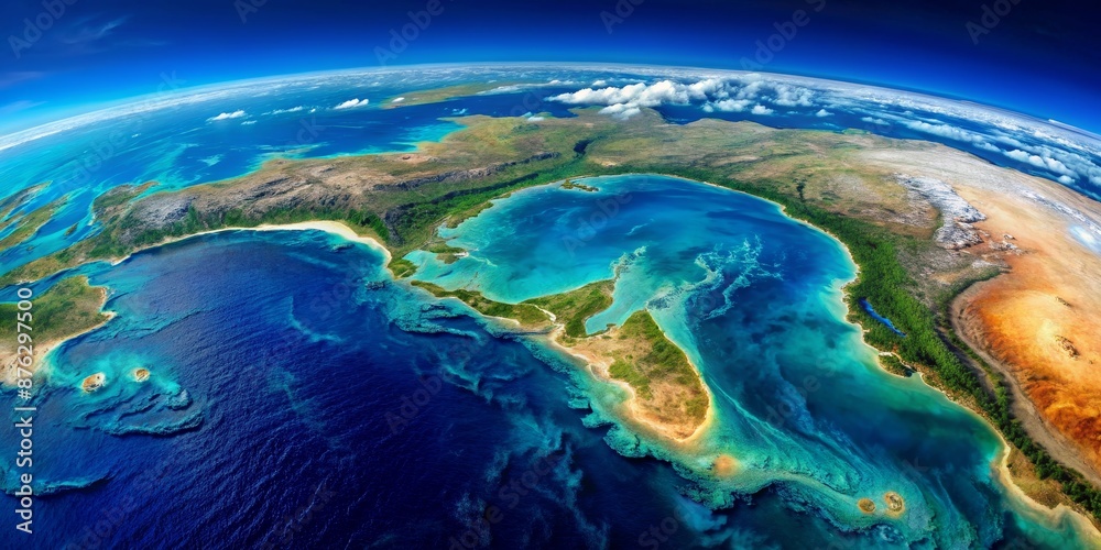 Aerial Perspective of the Caribbean Sea with Lush Islands and Coral Reefs, Caribbean Sea, Islands, Coral Reefs, Aerial View Aerial Perspective of the Caribbean Sea with Lush Islands and Coral Reefs, Caribbean Sea, Islands, Coral Reefs, Aerial View
