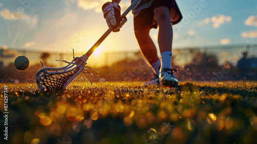 Lacrosse player running down the field at sunset, scooping the ball with his lacrosse stick photo