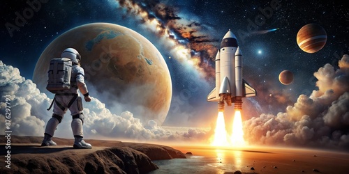 Fototapeta Naklejka Na Ścianę i Meble -  Astronaut Witnessing Rocket Launch on Alien Planet, Digital Art, Space, Rocket Launch, Astronaut  , alien planet , space exploration , digital painting