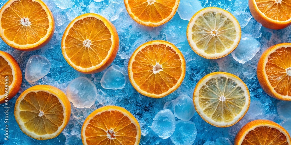 Obraz premium Citrus Slices on Ice - Overhead View, Oranges, Lemons, Ice Cubes, Blue Background, Fresh, Summer , Citrus , Refreshing , Fruit