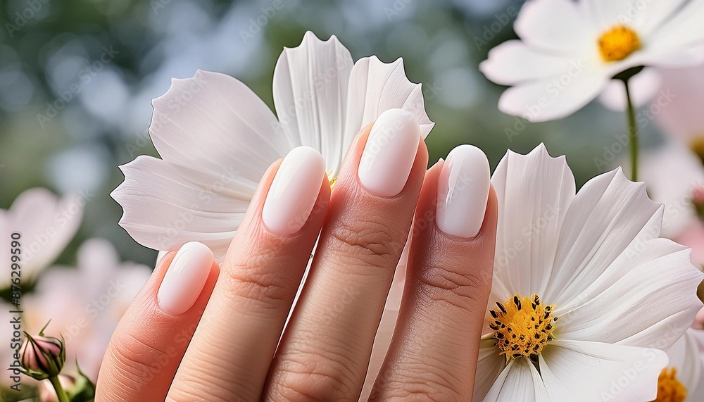 spring or summer manicure - painted nails on a woman’s hand and cosmos flowers