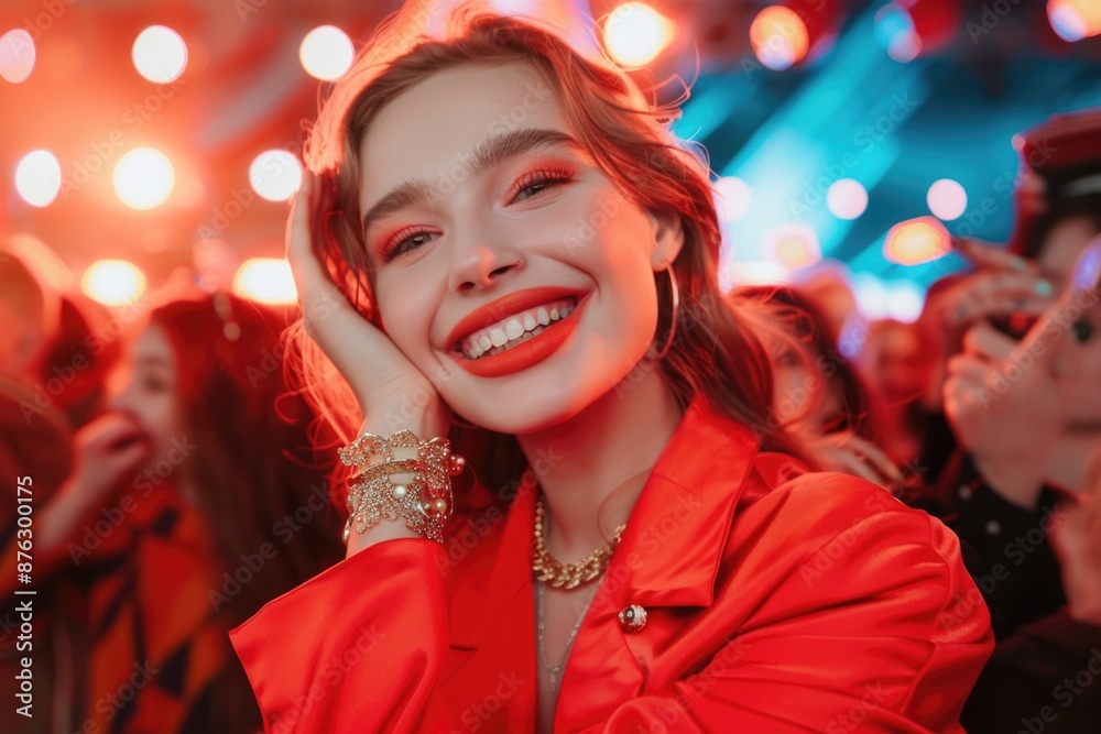 A woman in a bright red jacket smiles brightly, surrounded by a blurred crowd and shimmering lights A woman in a bright red jacket smiles brightly, surrounded by a blurred crowd and shimmering lights