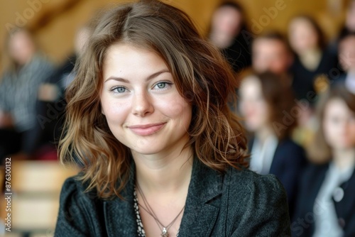 Wallpaper Mural A young woman with brown hair and blue eyes smiles softly, her gaze directed towards the viewer, amidst a blurred background of people Torontodigital.ca