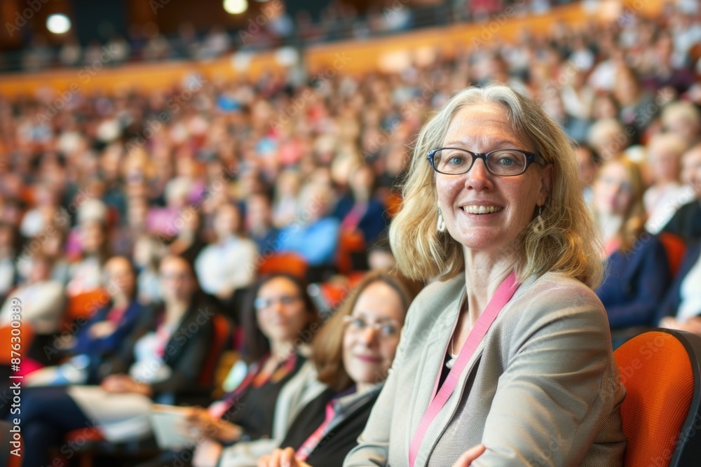 A woman smiles brightly, her face lit up with excitement, as she sits amongst a large crowd in a conference hall A woman smiles brightly, her face lit up with excitement, as she sits amongst a large crowd in a conference hall