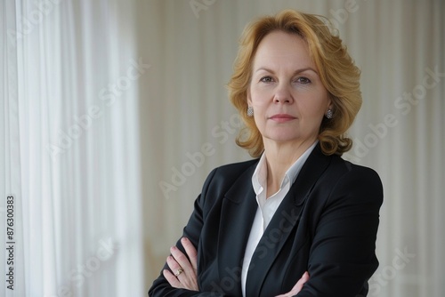 Confident woman with short, blonde hair and black blazer stands with arms crossed in front of white curtain, looking determinedly at the camera