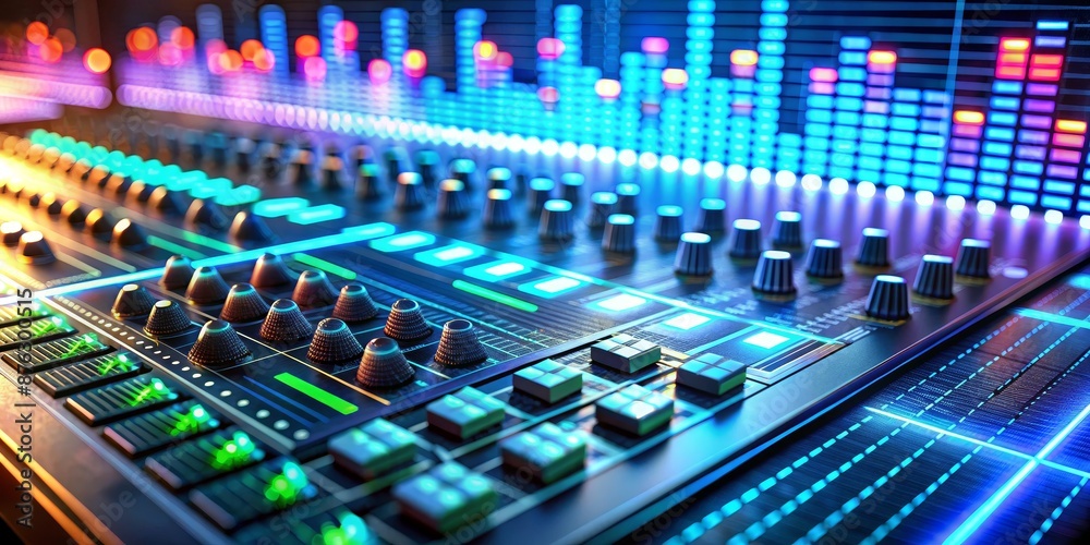 Digital Audio Mixer Close Up, glowing buttons, audio mixing console , music production, audio engineering Digital Audio Mixer Close Up, glowing buttons, audio mixing console , music production, audio engineering