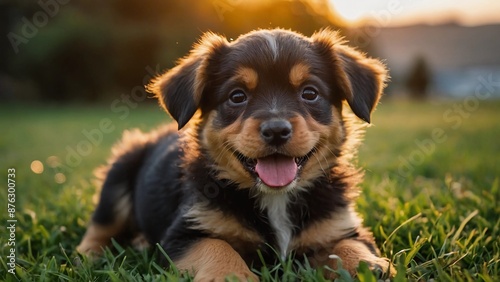 german shepherd dog,A joyful brown and white dog with a pink collar is happily running through a field of purple flowers with a sunset in the background.